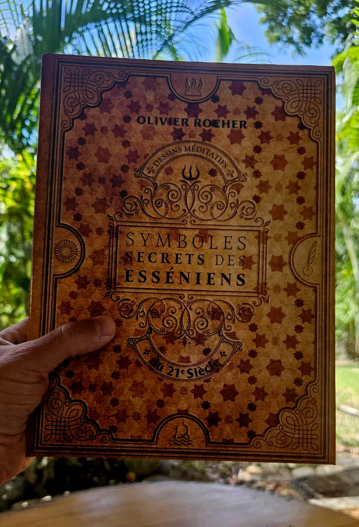 La couverture du livre tenue en main, en extérieur : reliure rigide, motifs gravés